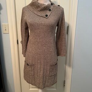 Style & Co Tunic Dress Knit 3/4 Sleeve  Beige & Cream Split Cowl Neck Medium